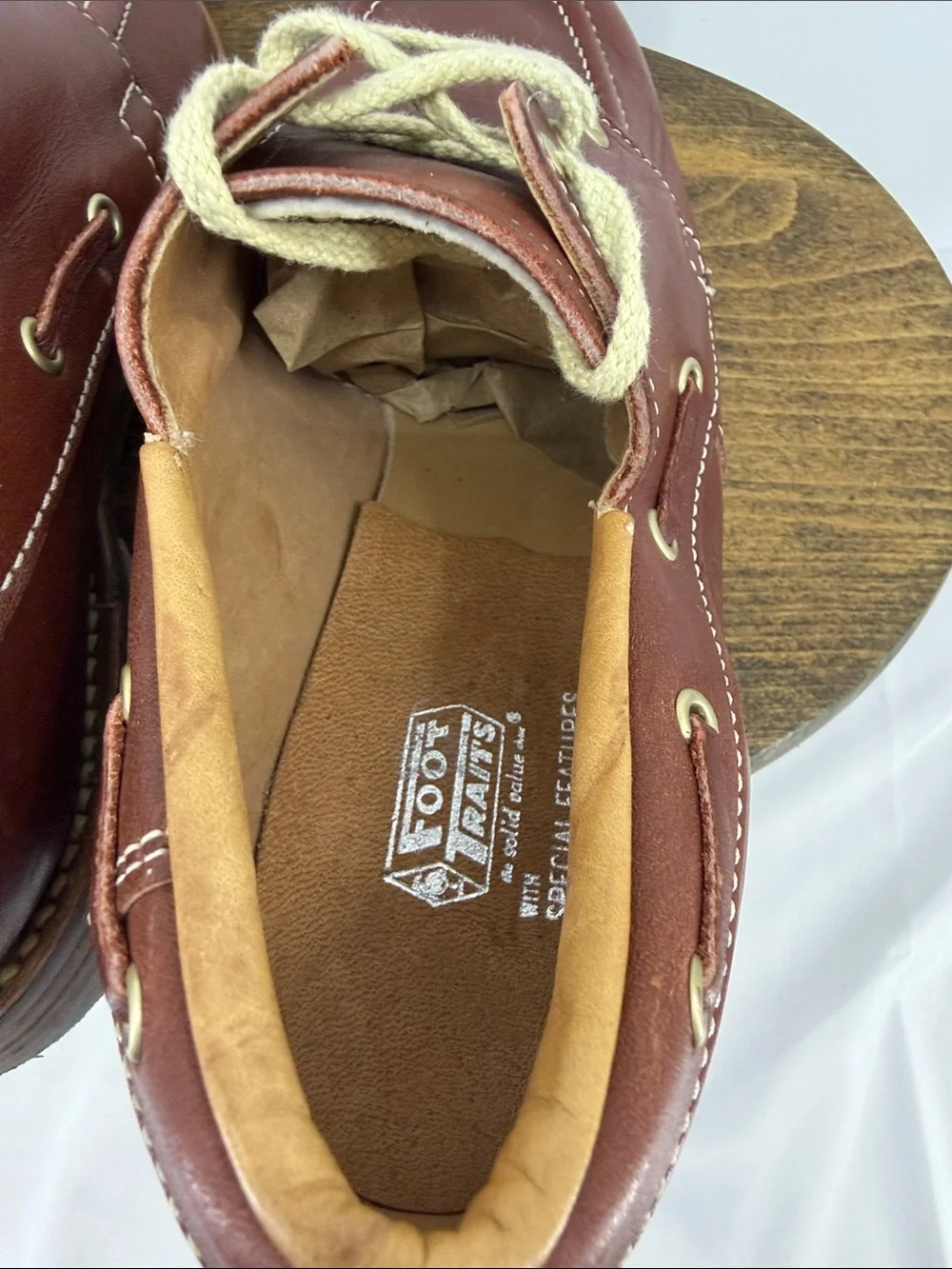 Unused! Vintage Foot Traits Boys Classic Brown Leather Loafers Boat Shoes, sz 5
